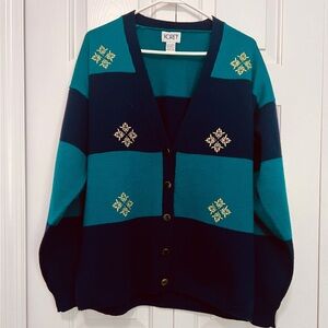 Koret green and navy cardigan with Gold Accents. Sz L. Excellent condition.